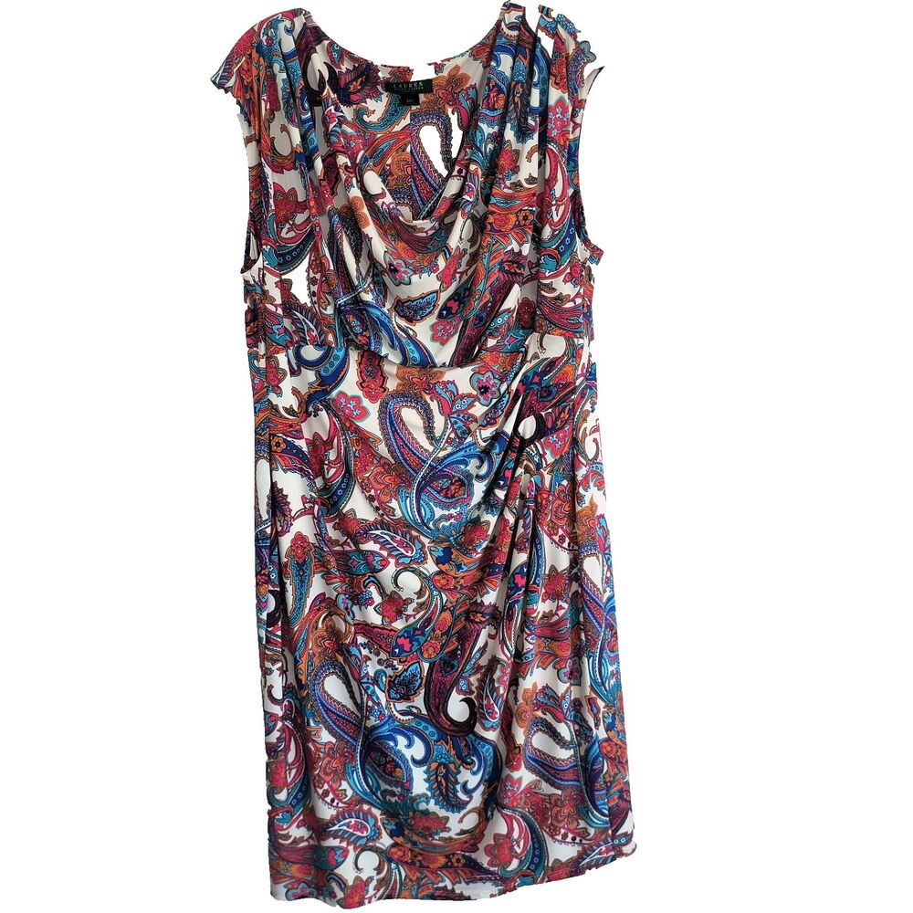 Lauren Ralph Lauren Dress 20W Multicolor Paisley Ruched Stretch Career Travel